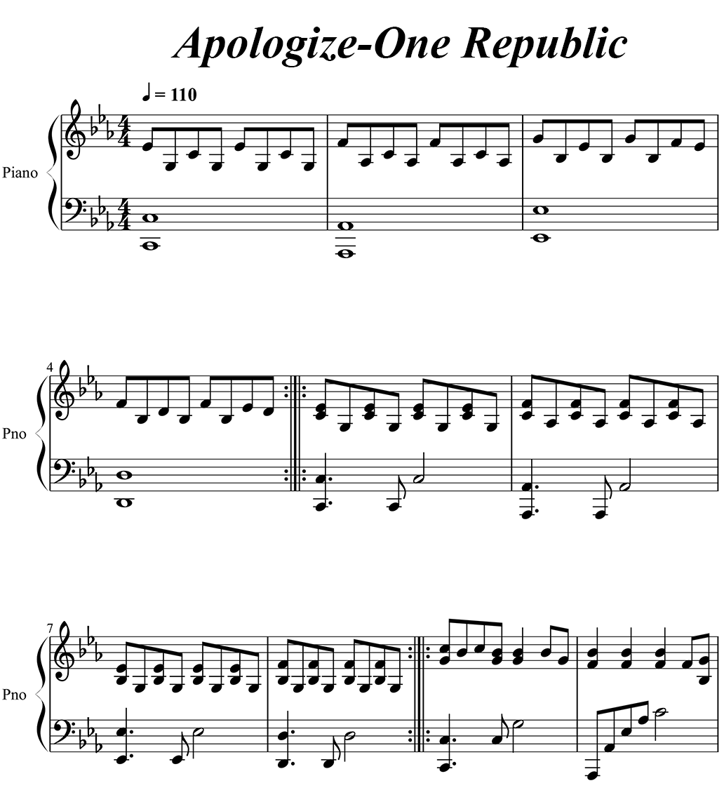 apologize one republic piano sheets