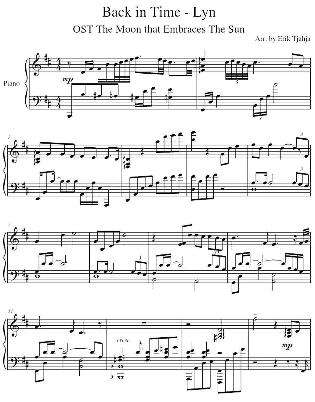back in time- piano sheet music