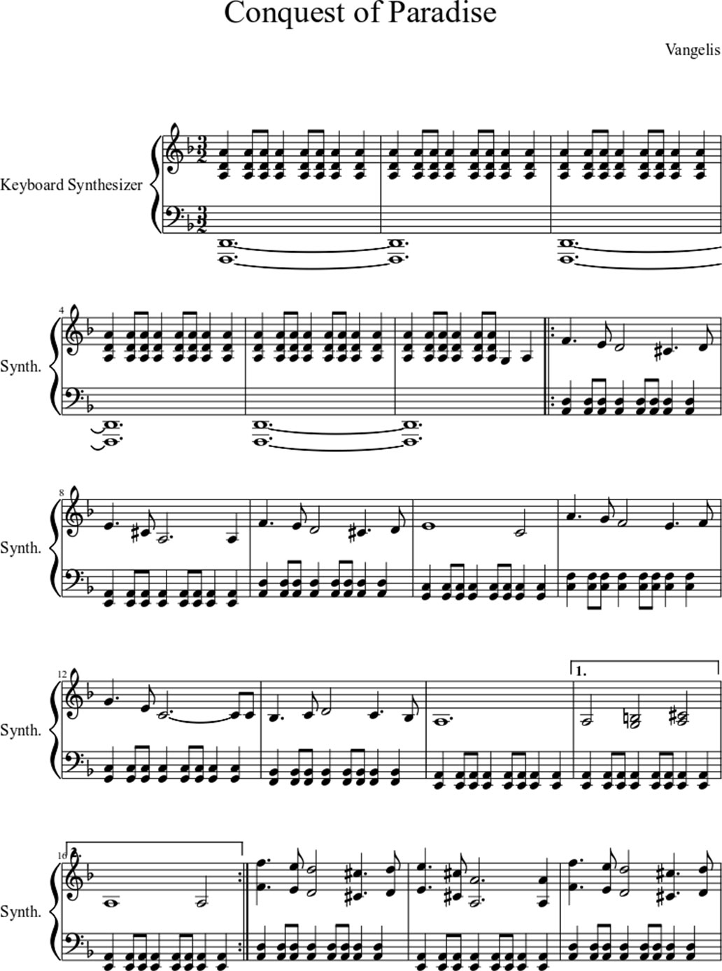 Conquest of Paradise sheet music notes 1