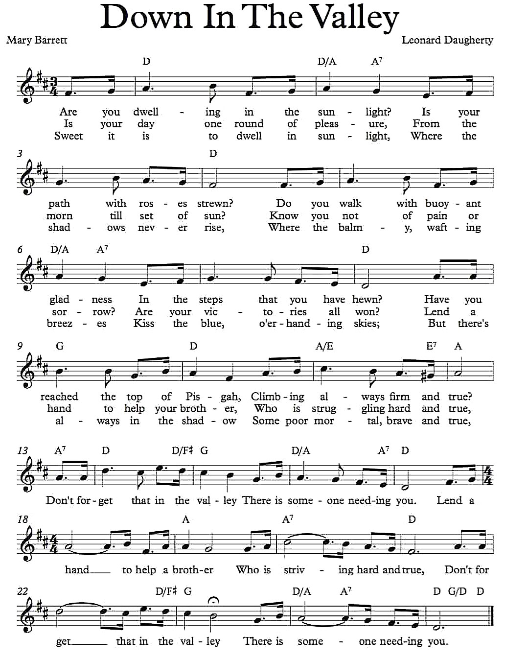 down in the valley sheet music notes