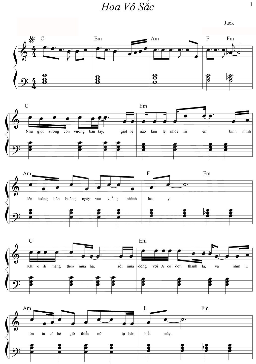 Hoa vô sắc sheet piano- hợp âm- bản nhạc có nốt