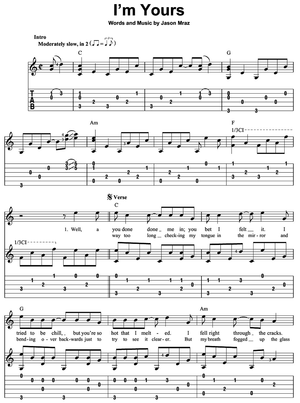 I'm yours sheet music notes