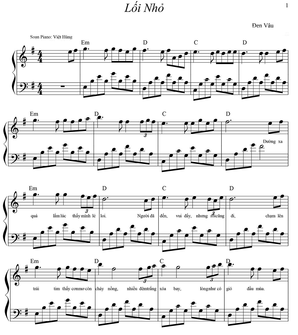 Lối nhỏ sheet piano- hợp âm- bản nhạc có nốt 