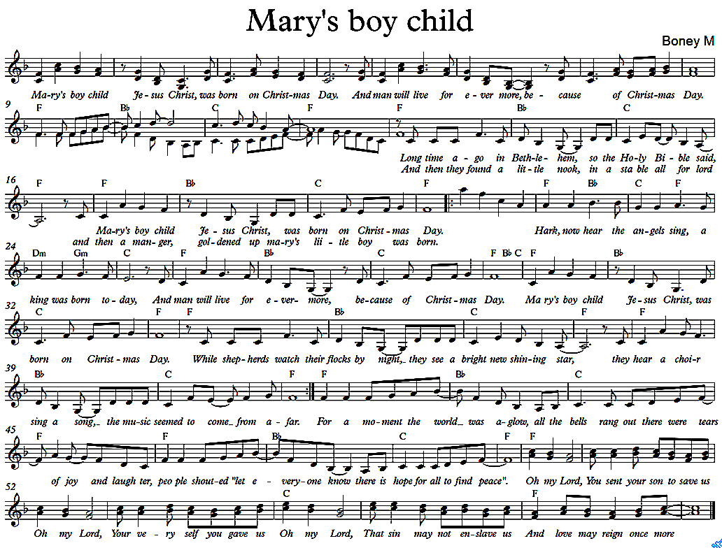 Mary 's boy child sheet music notes