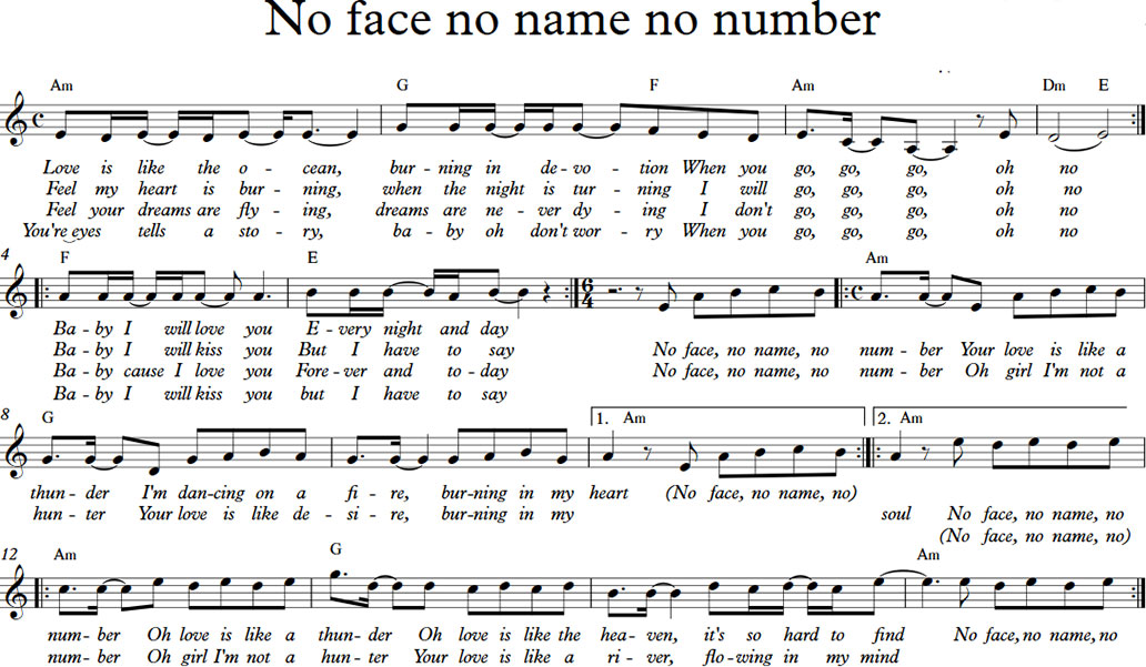 no face no name no number sheet music notes