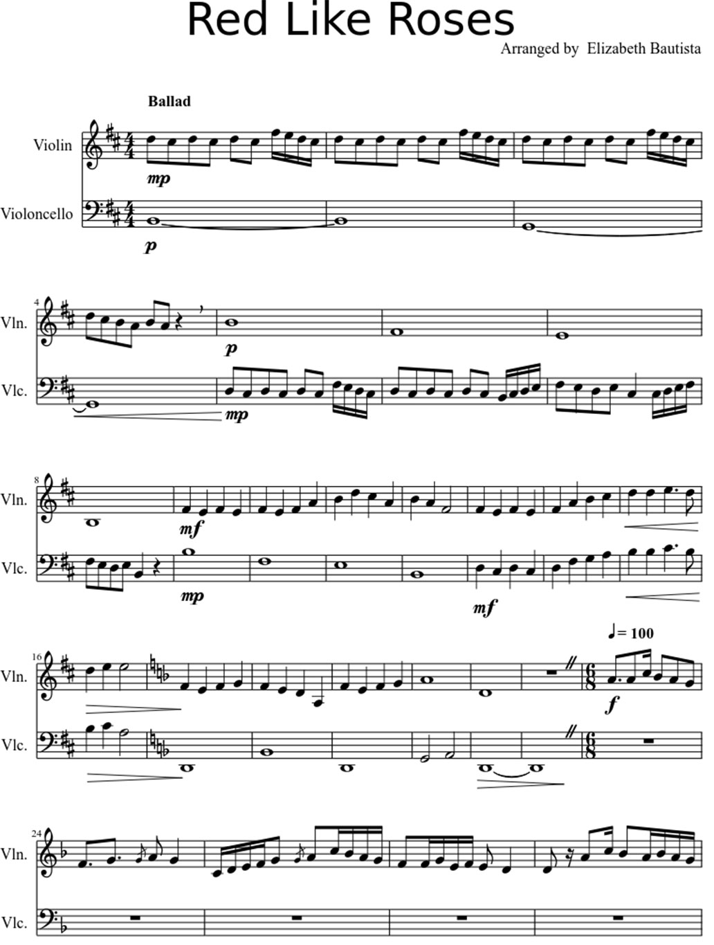 Red like roses sheet music notes 1