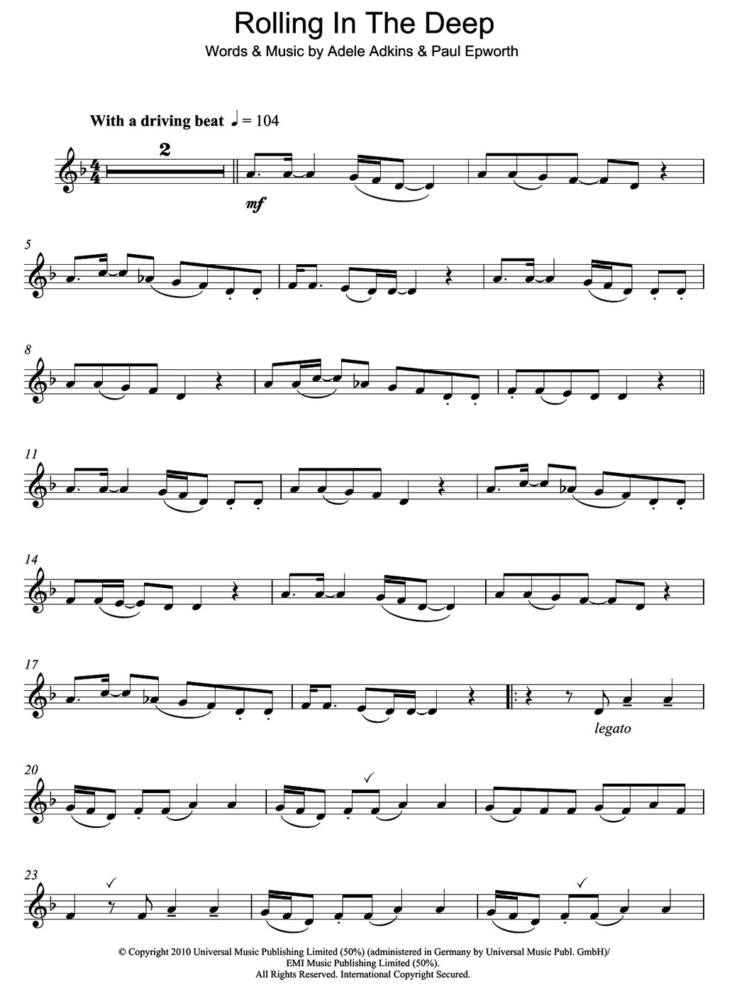 rolling in the deep sheet music notes