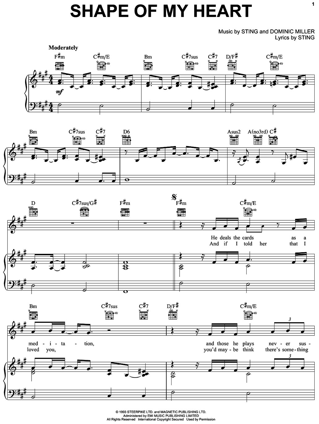 shape of my heart piano sheet music notes