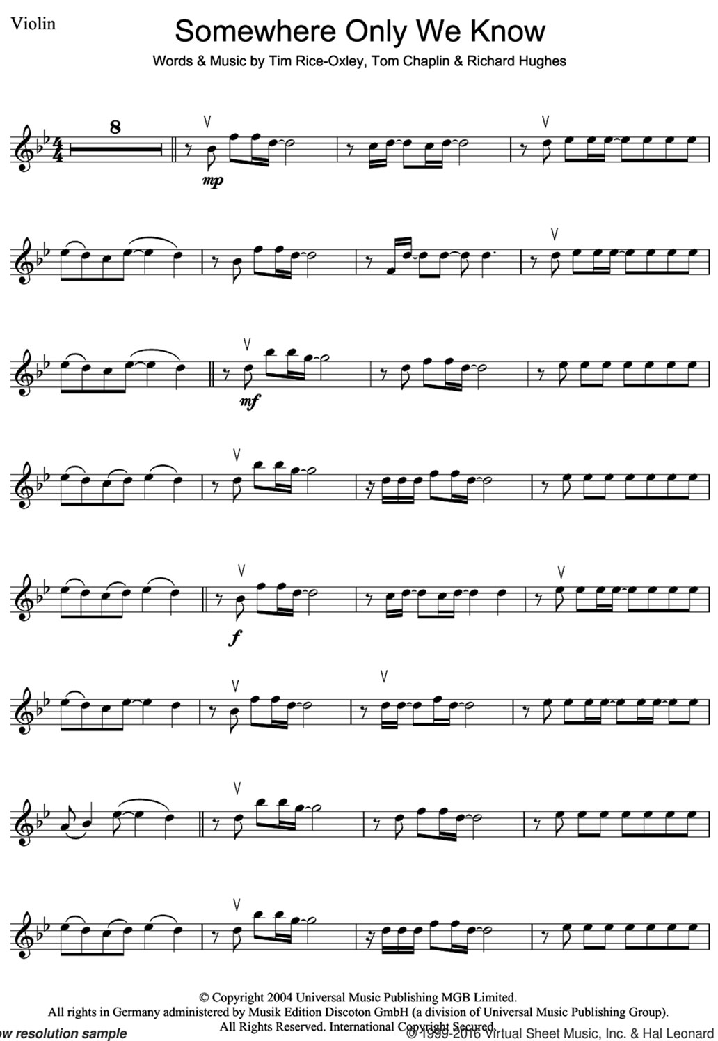 somewhere only we know sheet music for violin