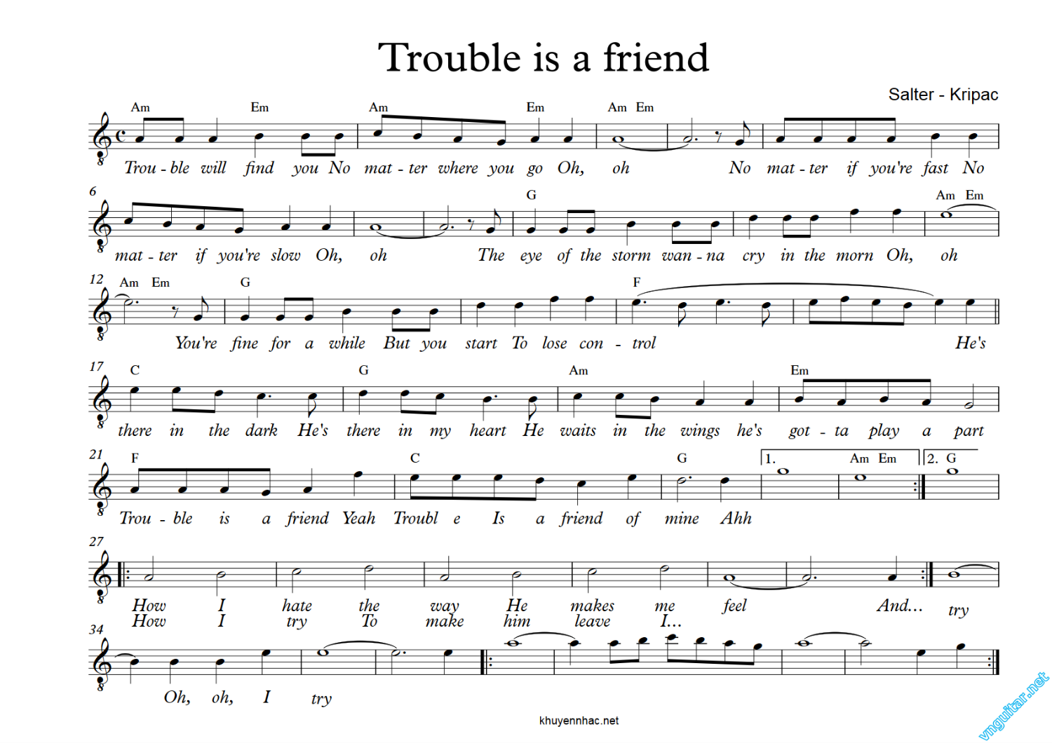 Trouble is a friend sheet music notes