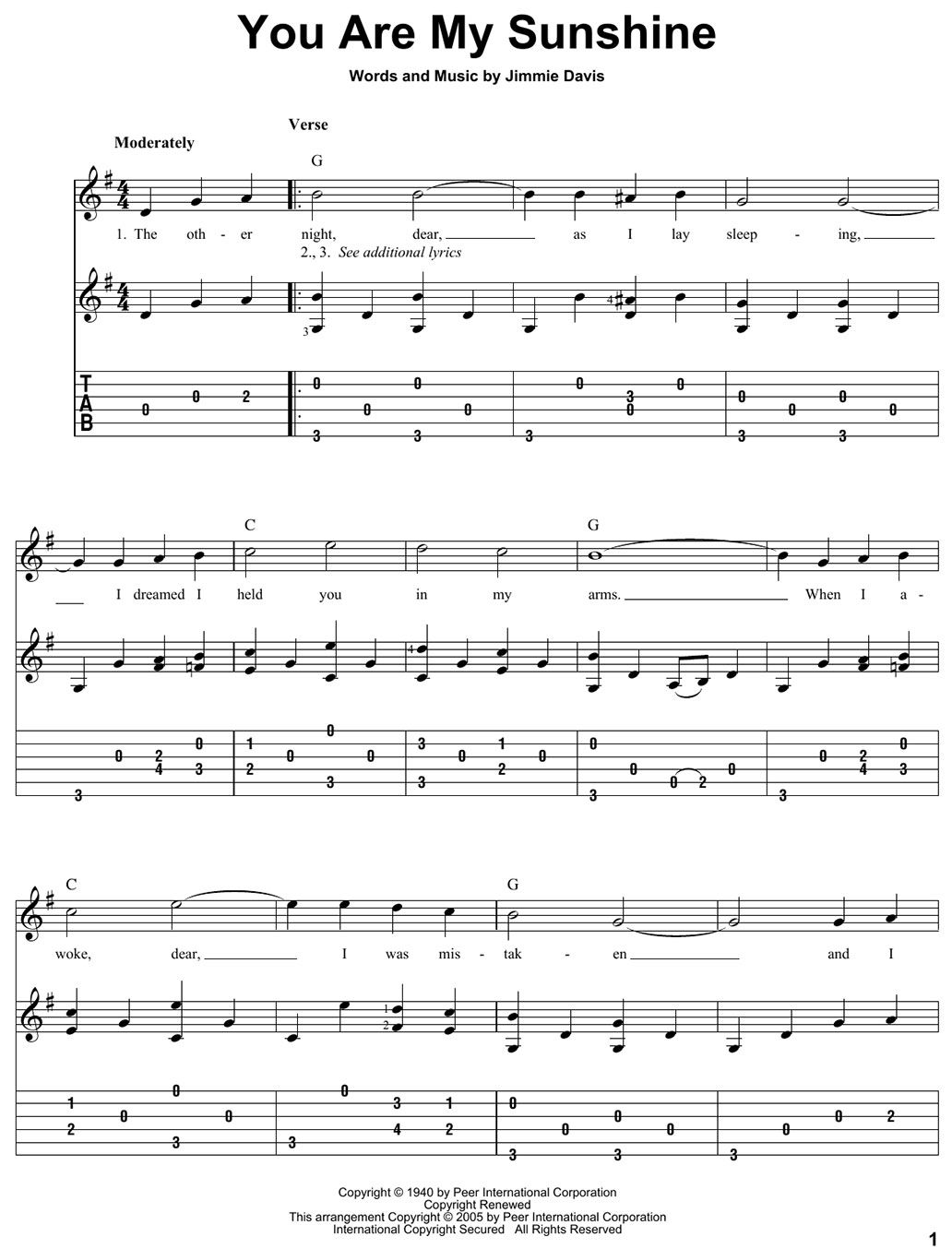 you are my sunshine guitar sheet music notes