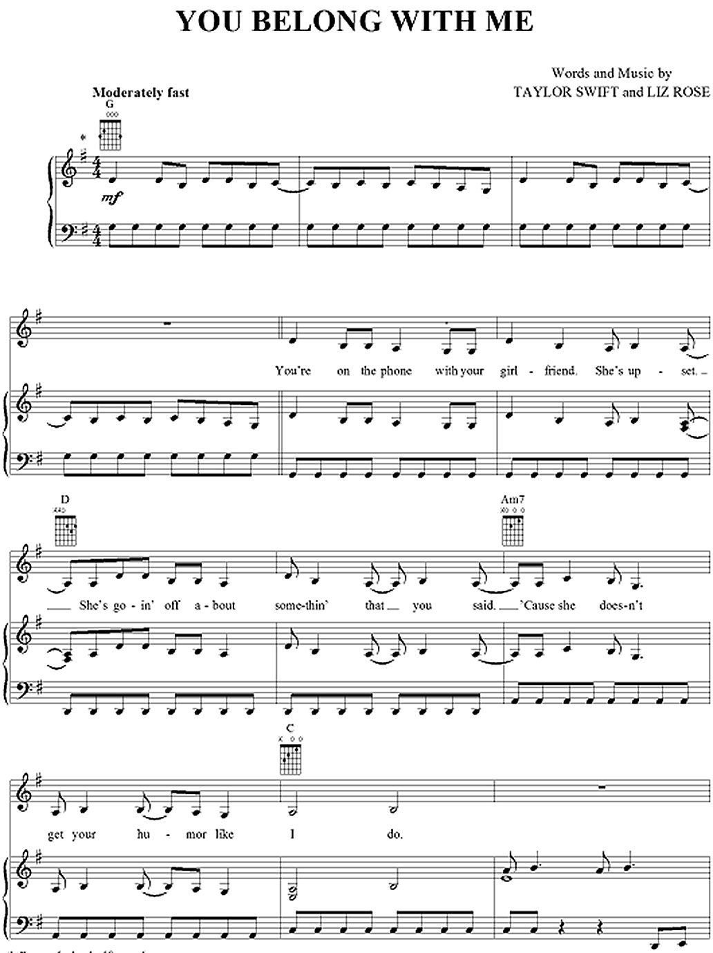 you belong with me sheet music notes